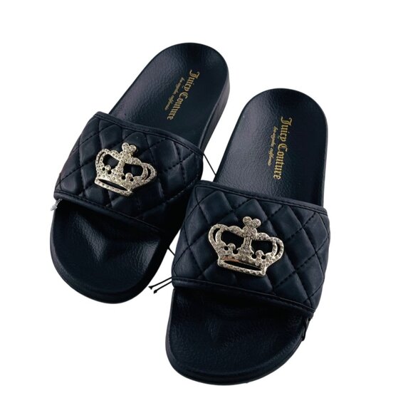 Juicy Couture Black Quilted Slide Sandals Rhinestone Crown Logo Womens Size 6 - Picture 1 of 4